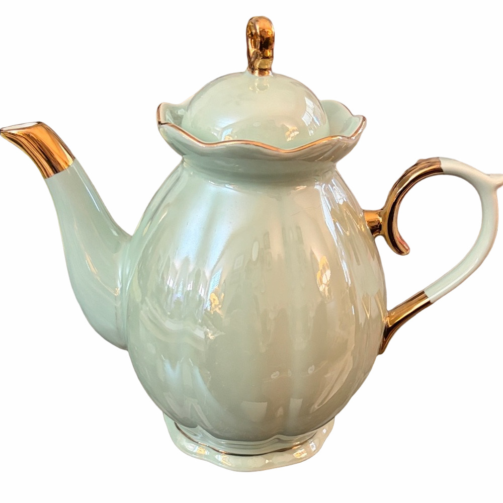 Graces Tea ware Pearlescent Mint Green gold gilding Porcelain 40oz 4-6 cups.
